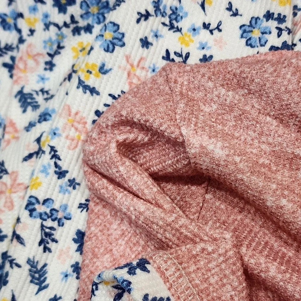 Roudelain Pajama Set Pink Waffle Knit Floral Joggers NWT Medium Loungewear